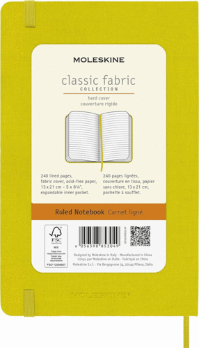 MOLESKINE CUADERNO CLÁSICO DE PAPEL LISO, TAPA DURA DE SEDA Y CIERRE ELÁSTICO, TAMAÑO GRANDE, COLOR AMARILLO HENO