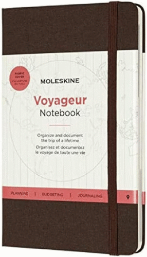 MOLESKINE VOYAGEUR NOTEBOOK, TRAVEL NOTEBOOK, FABRIC HARD COVER WITH ELASTIC CLOSURE, COFFEE BROWN COLOUR, SIZE 11.5 X 18 CM, 208 PAGES